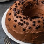 Ridiculous chocolate bundt cake on a plate frosted with chocolate frosting and topped with chocolate chips.