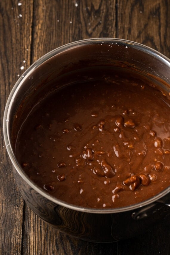 Chocolate icing with pecans in a saucepan.