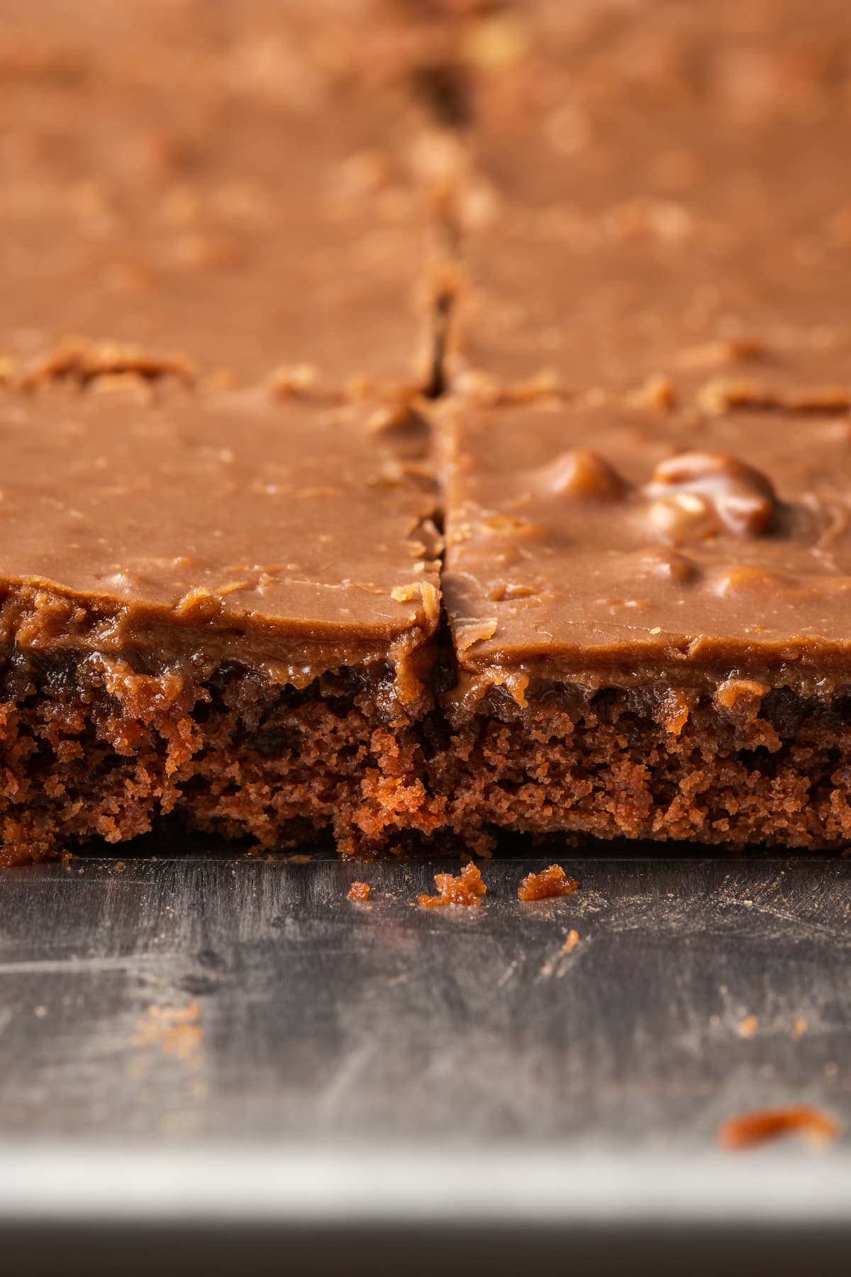 Close up of slices of chocolate Texas sheet cake set in a sheet pan.