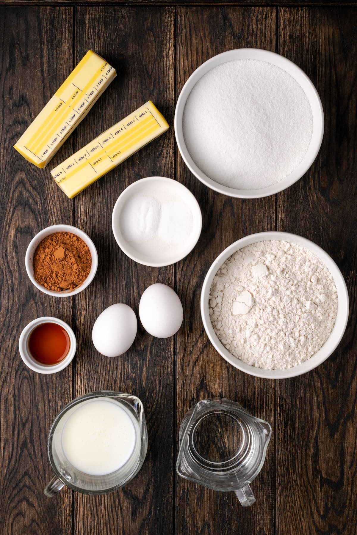 The ingredients for chocolate Texas sheet cake.