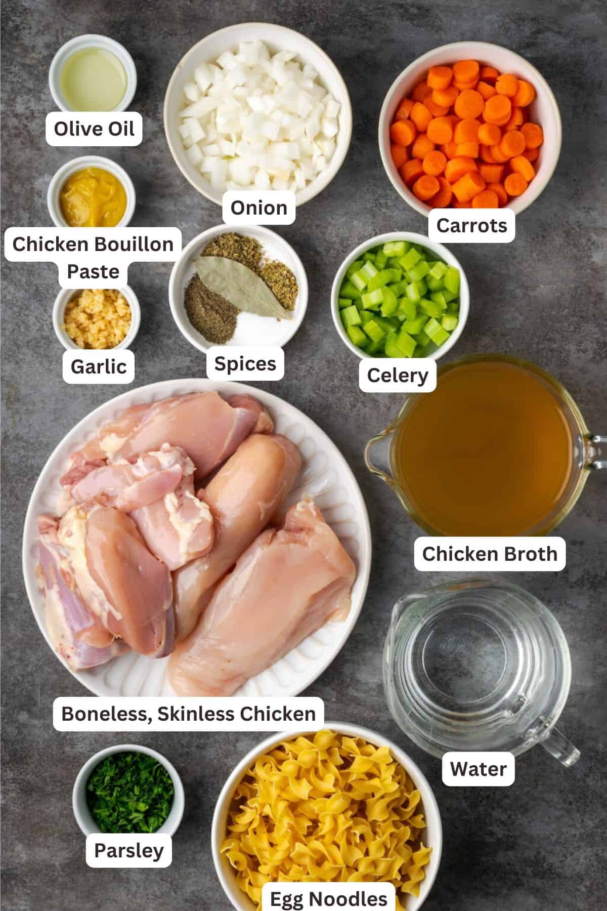 Ingredients for Instant Pot Chicken Noodle Soup.