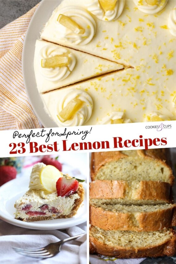 Collage of lemon pie, lemon ice box cake and lemon poppy seed bread
