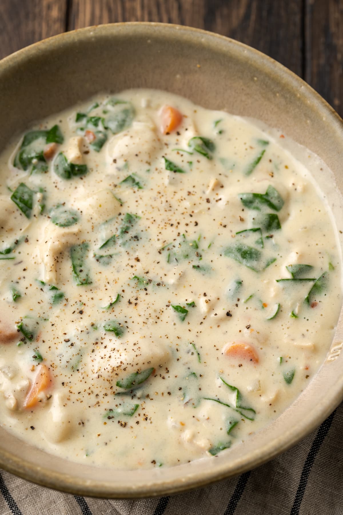 Close up of a bowl of chicken gnocchi soup.