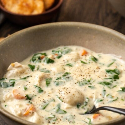 A bowl of chicken gnocchi soup with a spoon.