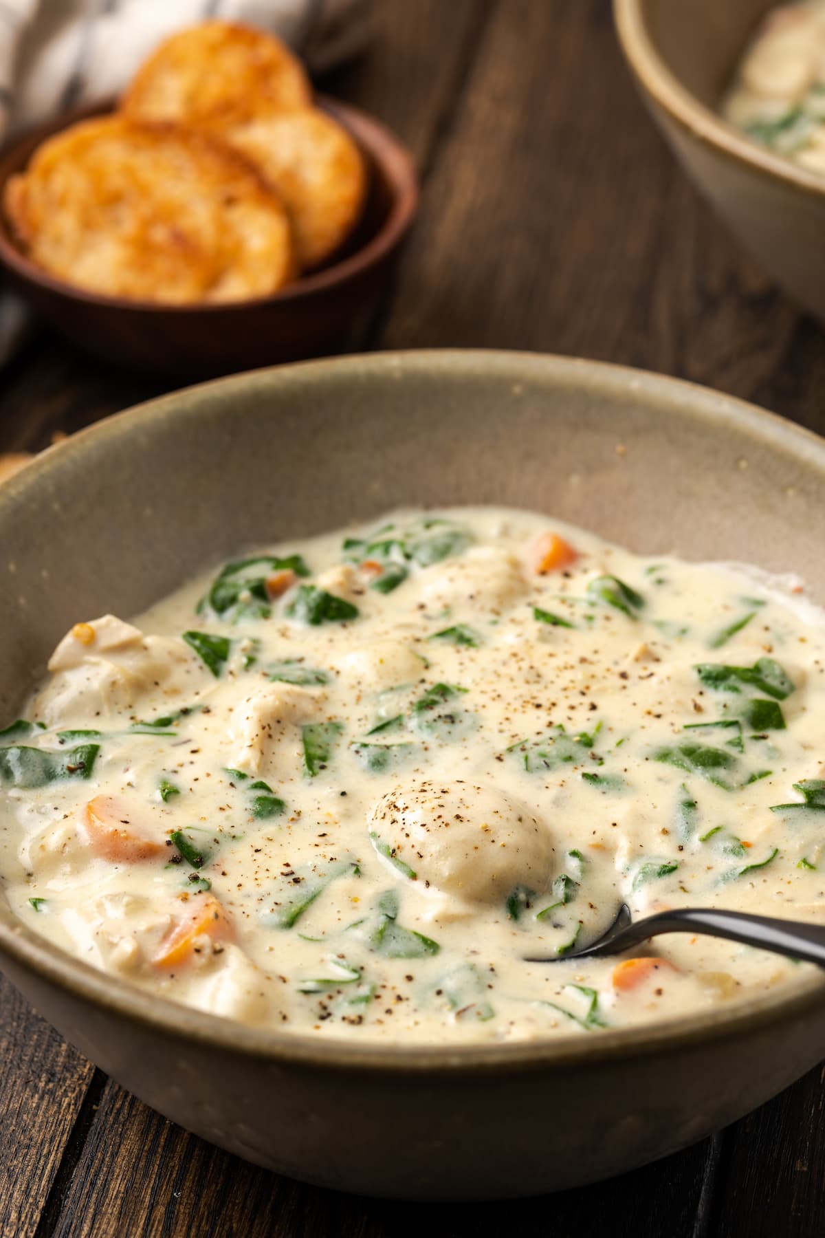 A bowl of chicken gnocchi soup with a spoon.