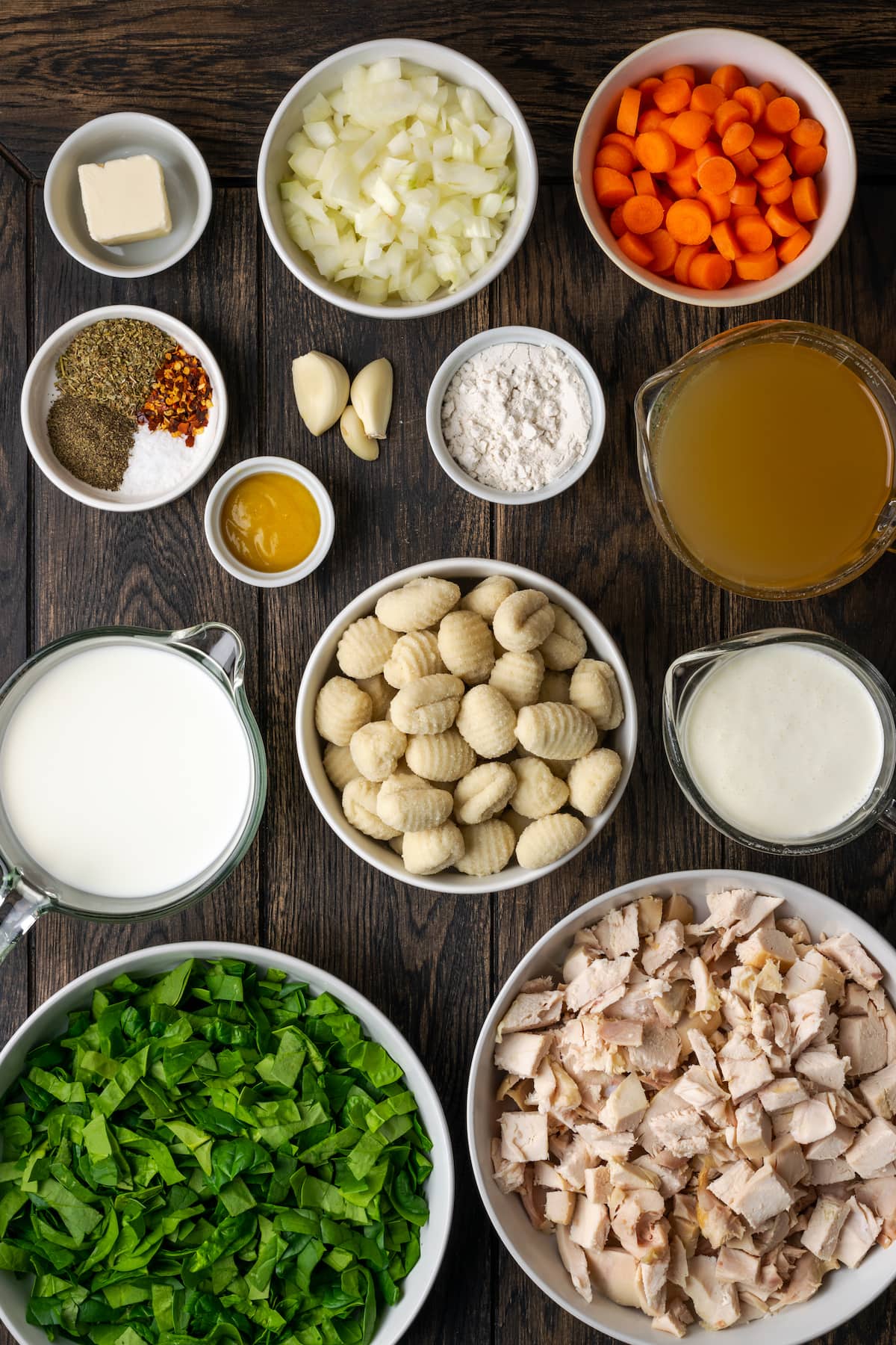The ingredients for chicken gnocchi soup.