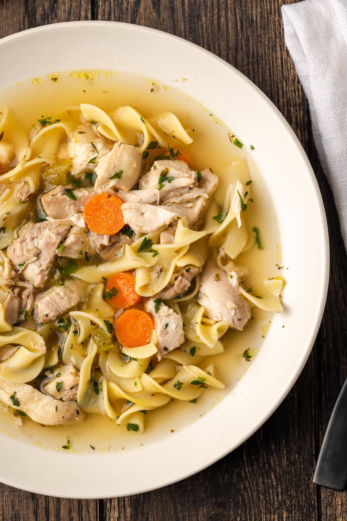 Overhead view of a bowl of Instant Pot chicken noodle soup.