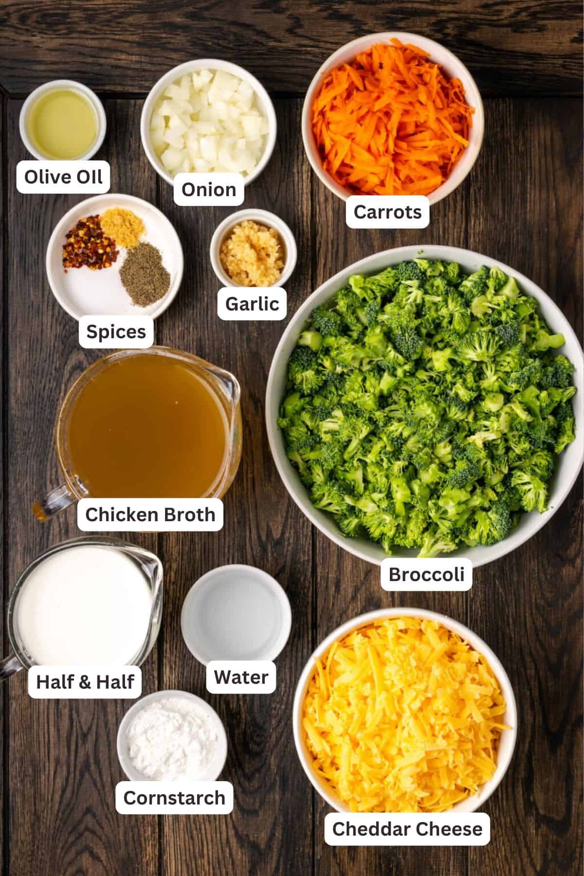 Ingredients for Instant Pot Broccoli Cheddar Soup.