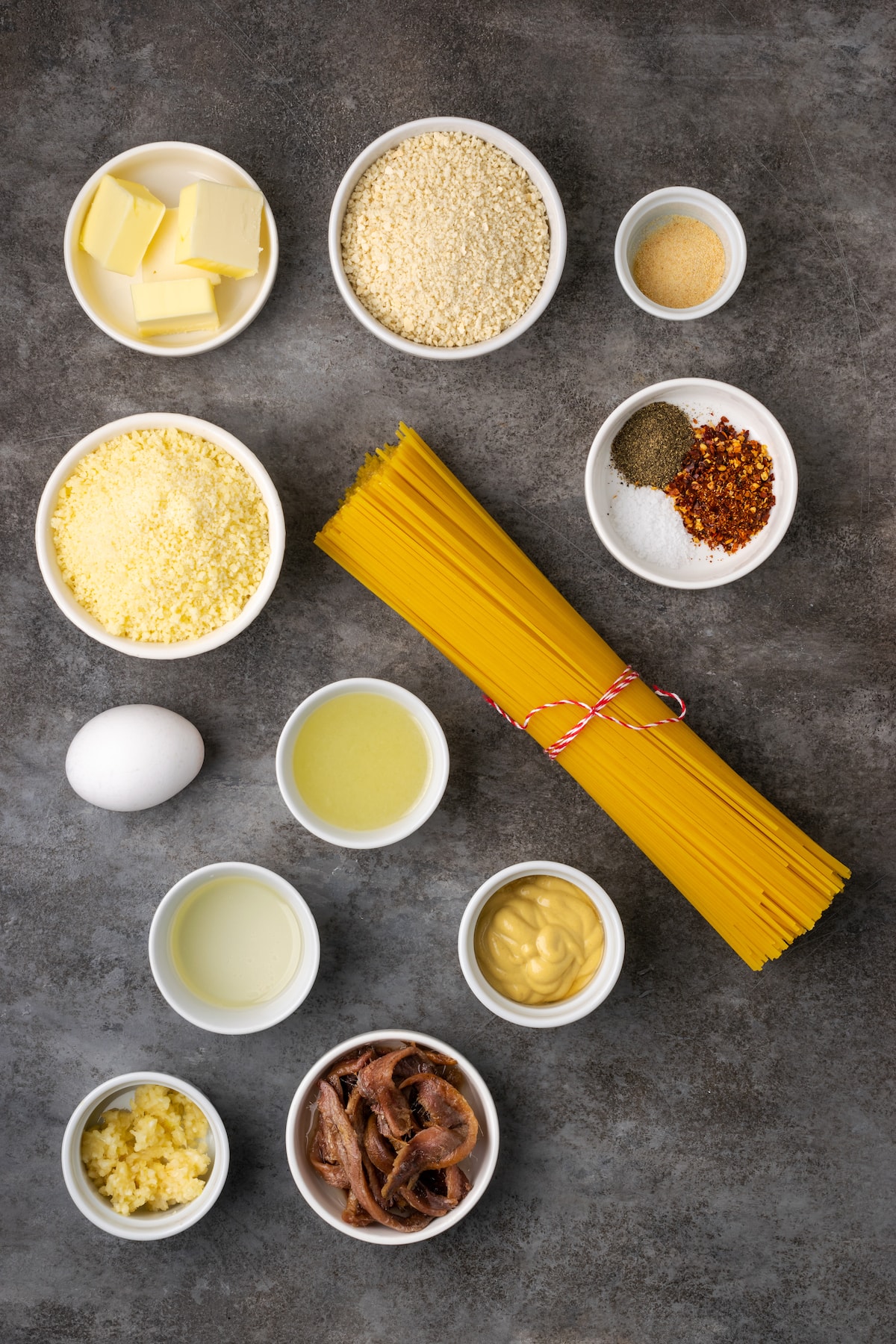 The ingredients for Caesar pasta.