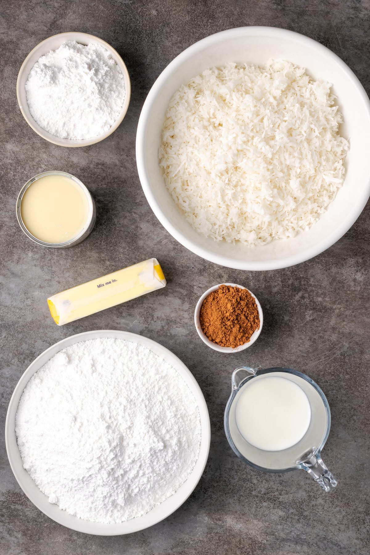 The ingredients for the coconut filling and chocolate icing.