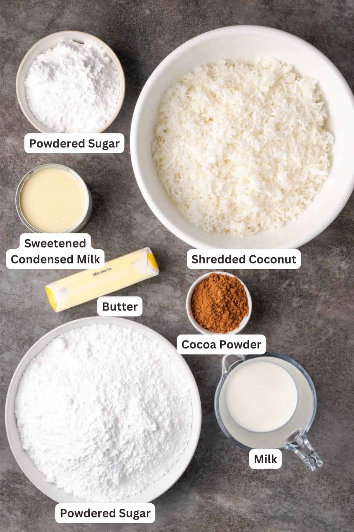 Ingredients for the filling and icing for Coconut Brownies.