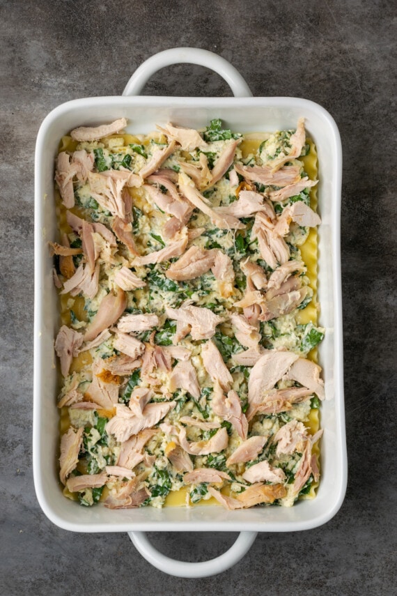 Partially assembled chicken lasagna assembled in a casserole dish.