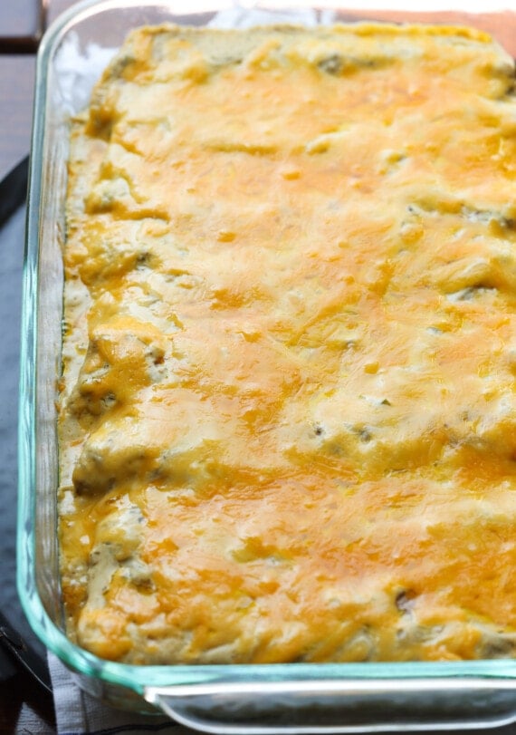 Place the chicken enchiladas in a gratin dish right out of the oven and top with melted cheese.