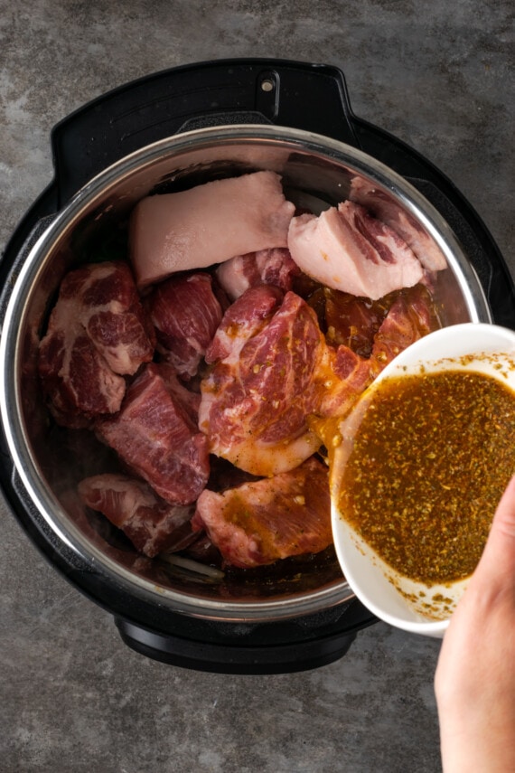 Seasoning poured overtop pork roast in the instant pot.