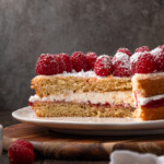Victoria sponge cake topped with fresh raspberries on a white plate with a large slice missing.