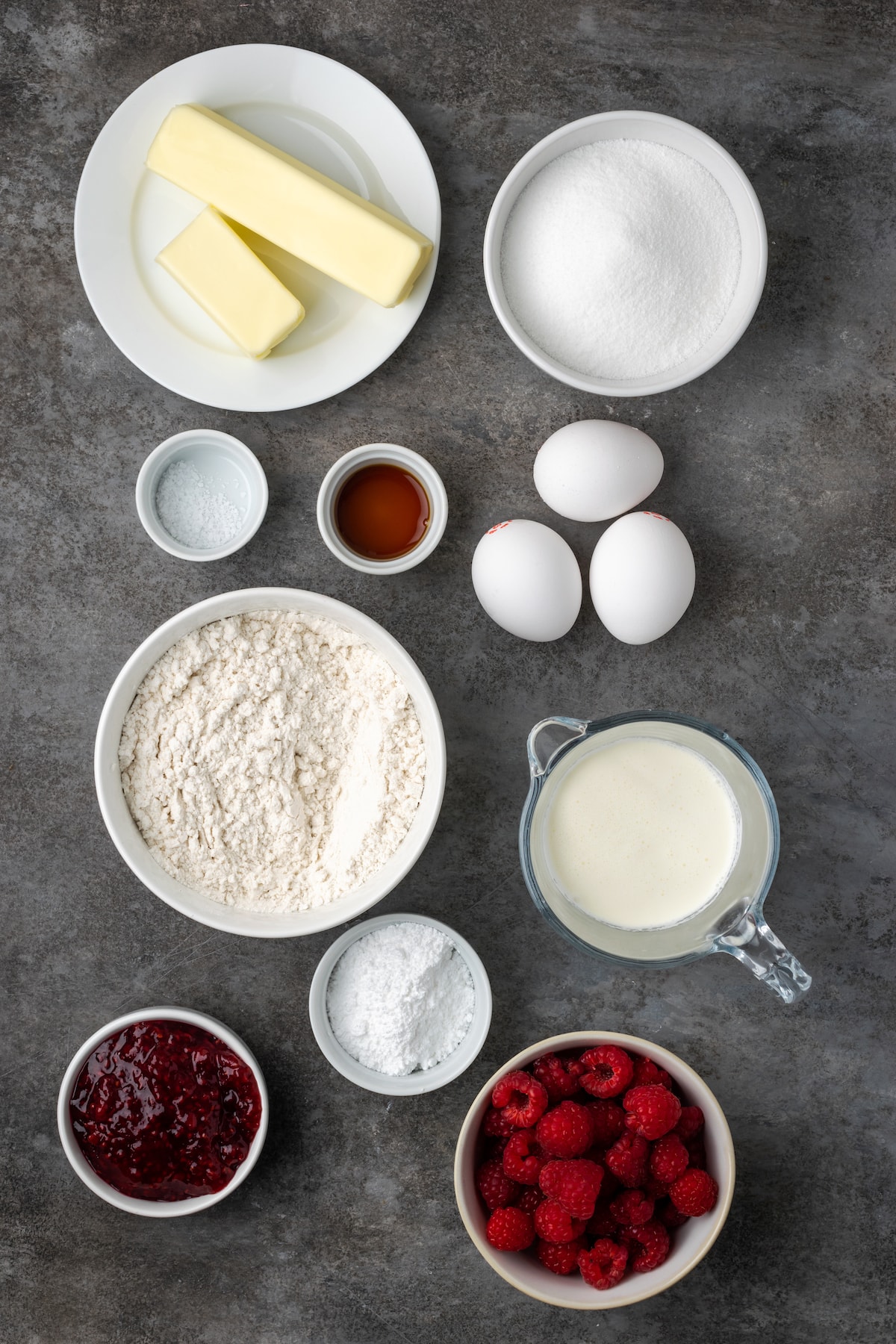 The ingredients for a homemade Victoria sponge cake.