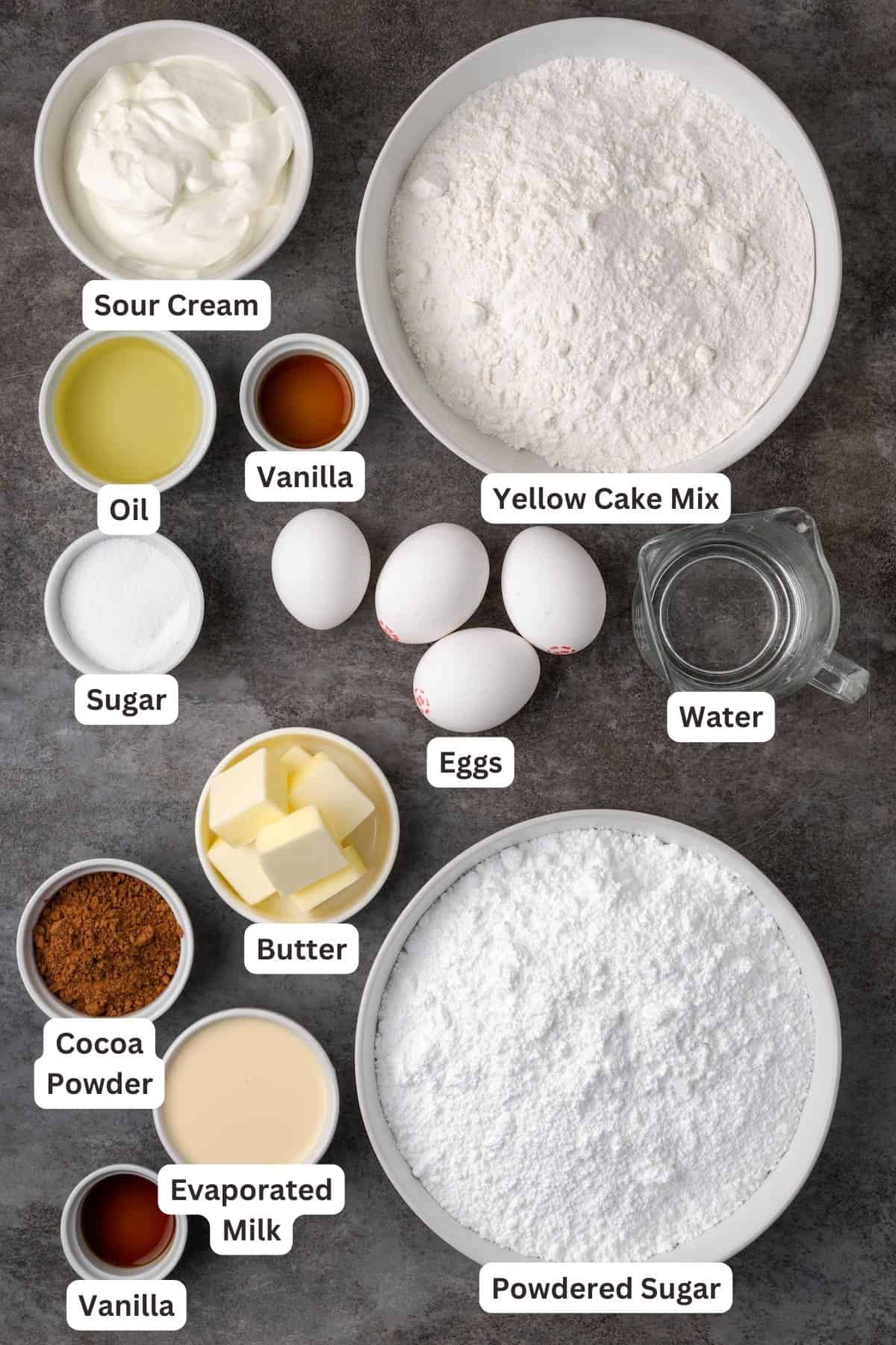 Ingredients for Yellow Sour Cream Cake with Chocolate Frosting.