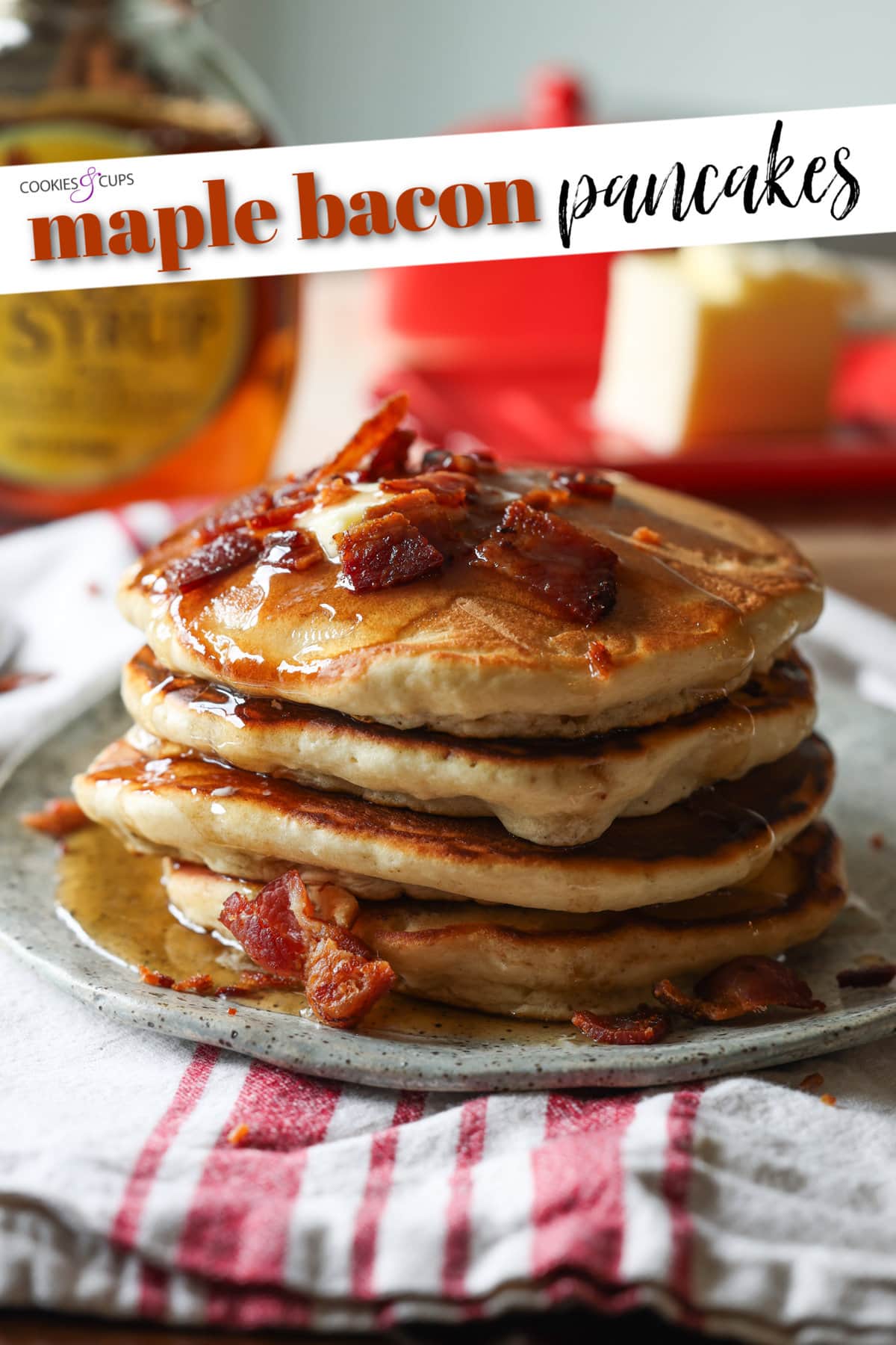 Maple Bacon Pancakes are fluffy buttermilk pancakes sweetened with brown sugar and maple syrup with crispy bacon bits inside and on top of the pancakes. A real breakfast treat! Maple Bacon Pancakes Pinterest image
