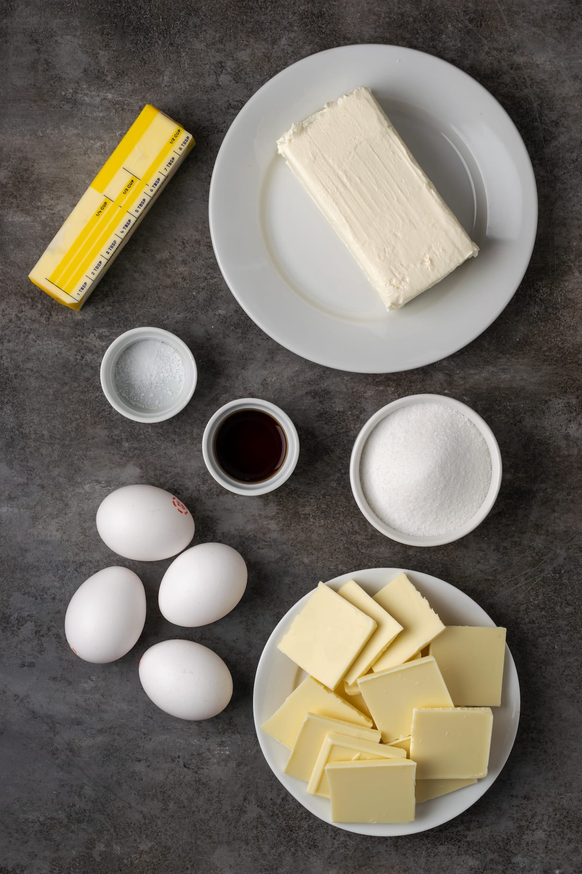 The ingredients for flourless white chocolate cake.