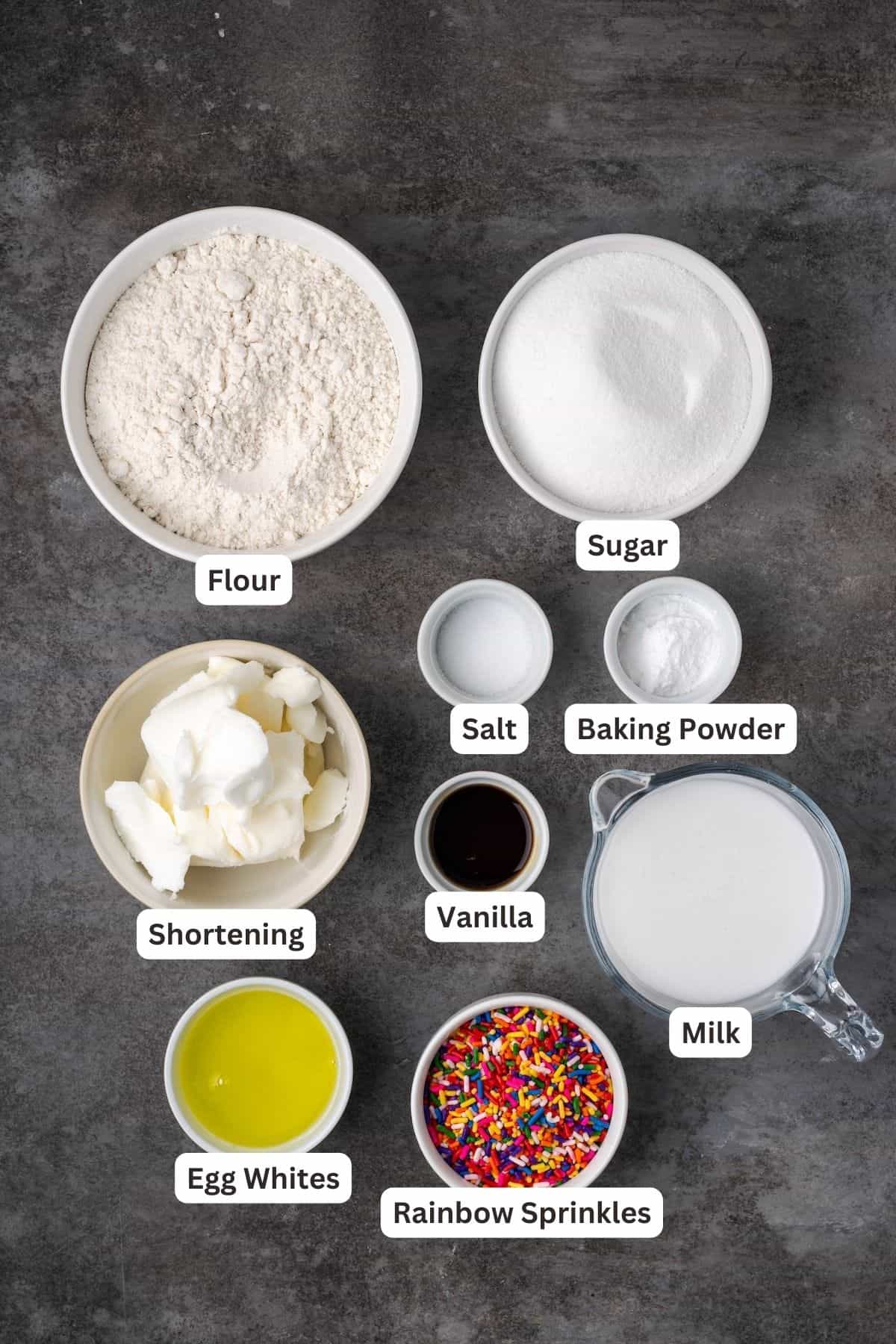 Ingredients for Confetti Cake recipe.