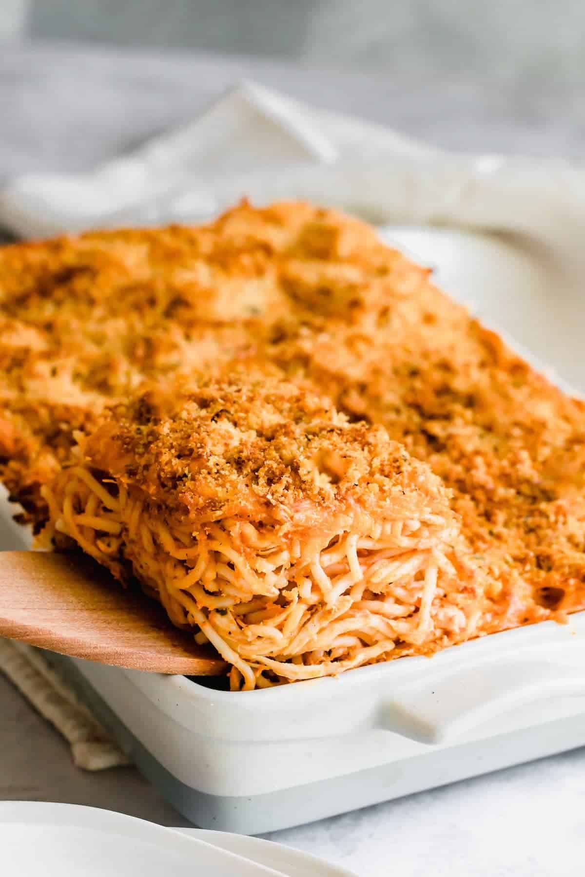 Spaghetti Chicken Casserole in a 9x13 baking dish.