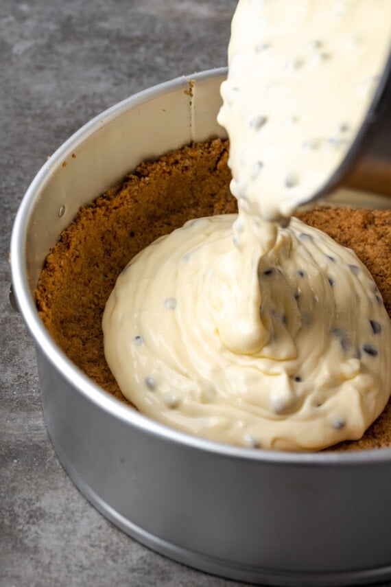 Cannoli cheesecake filling is poured into a graham cracker crust inside a springform pan.