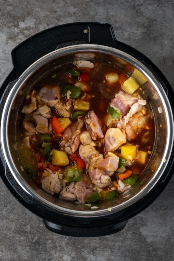 Hawaiian chicken ingredients combined inside the Instant Pot.