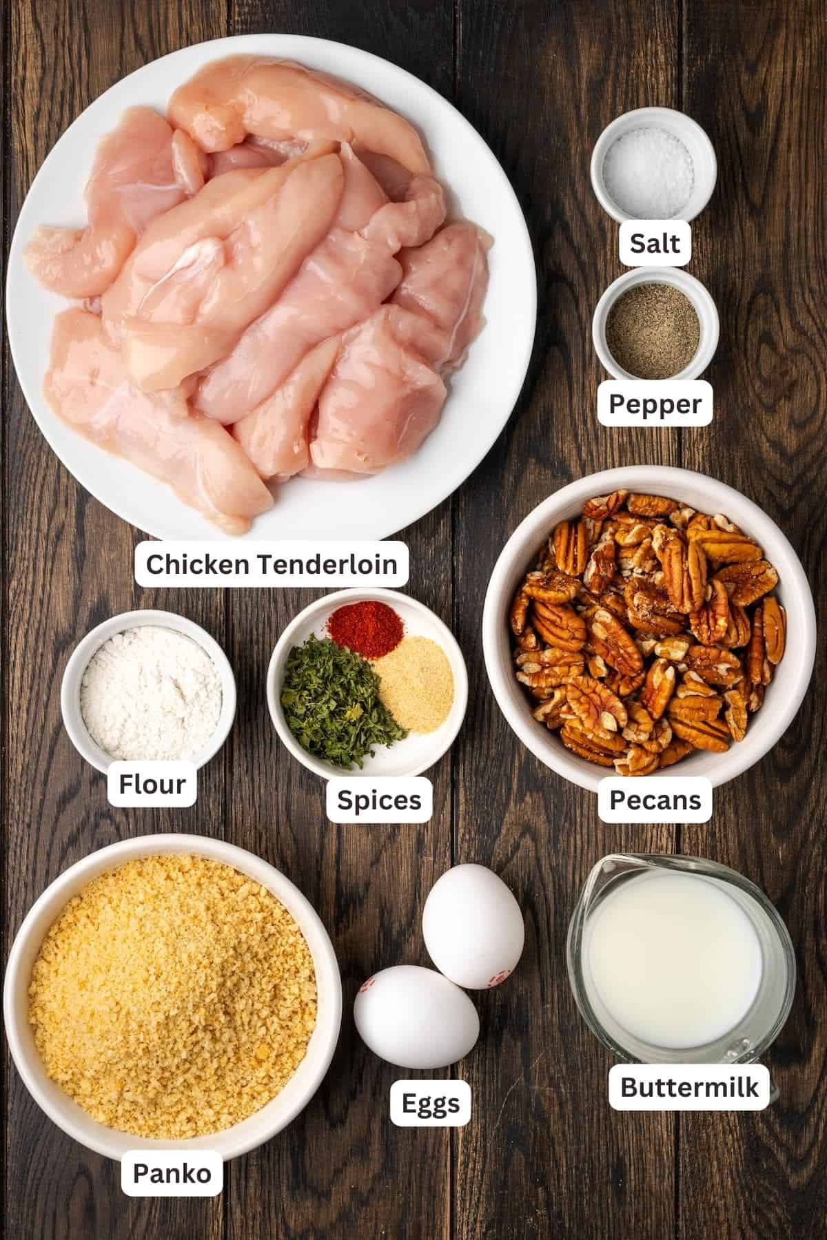 Ingredients for Pecan Crusted Chicken Tenders.