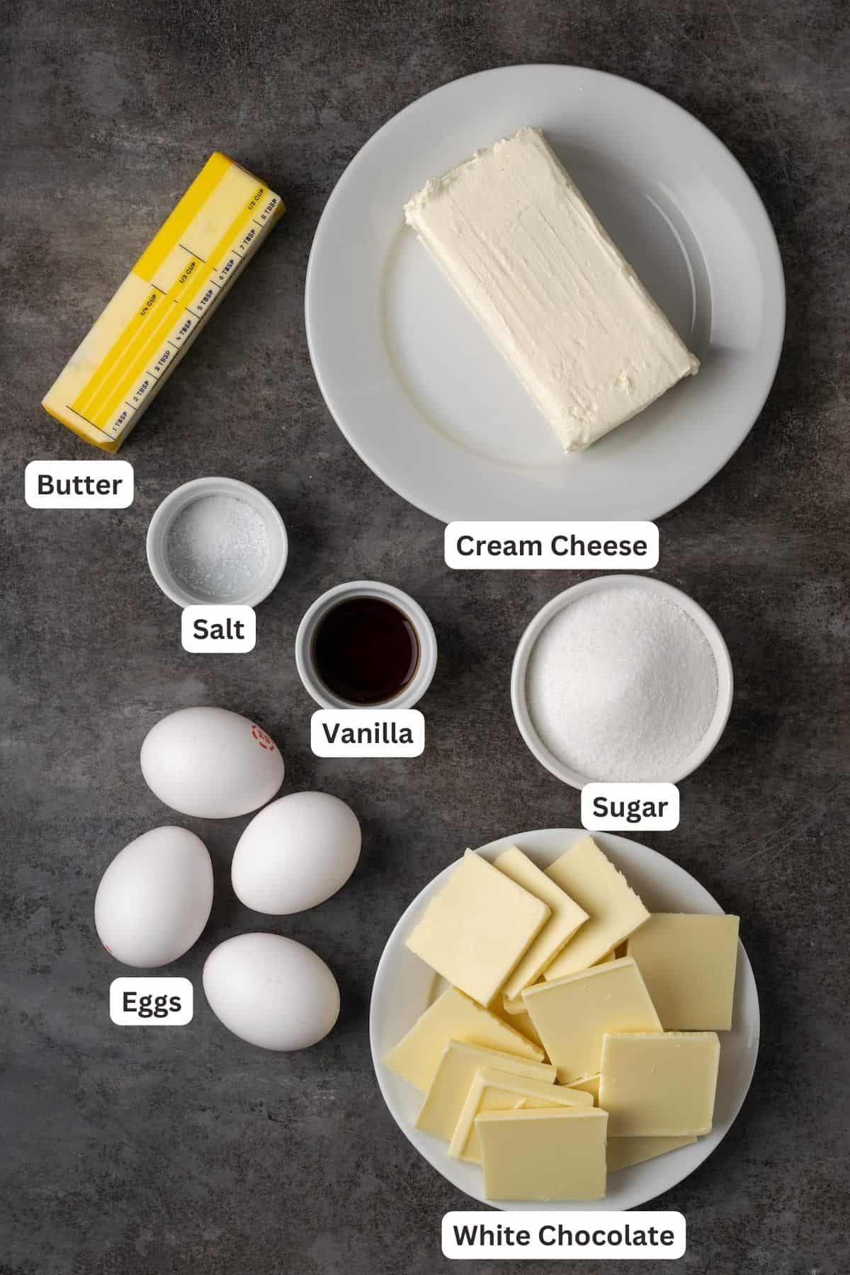 Ingredients for Flourless White Chocolate Cake.