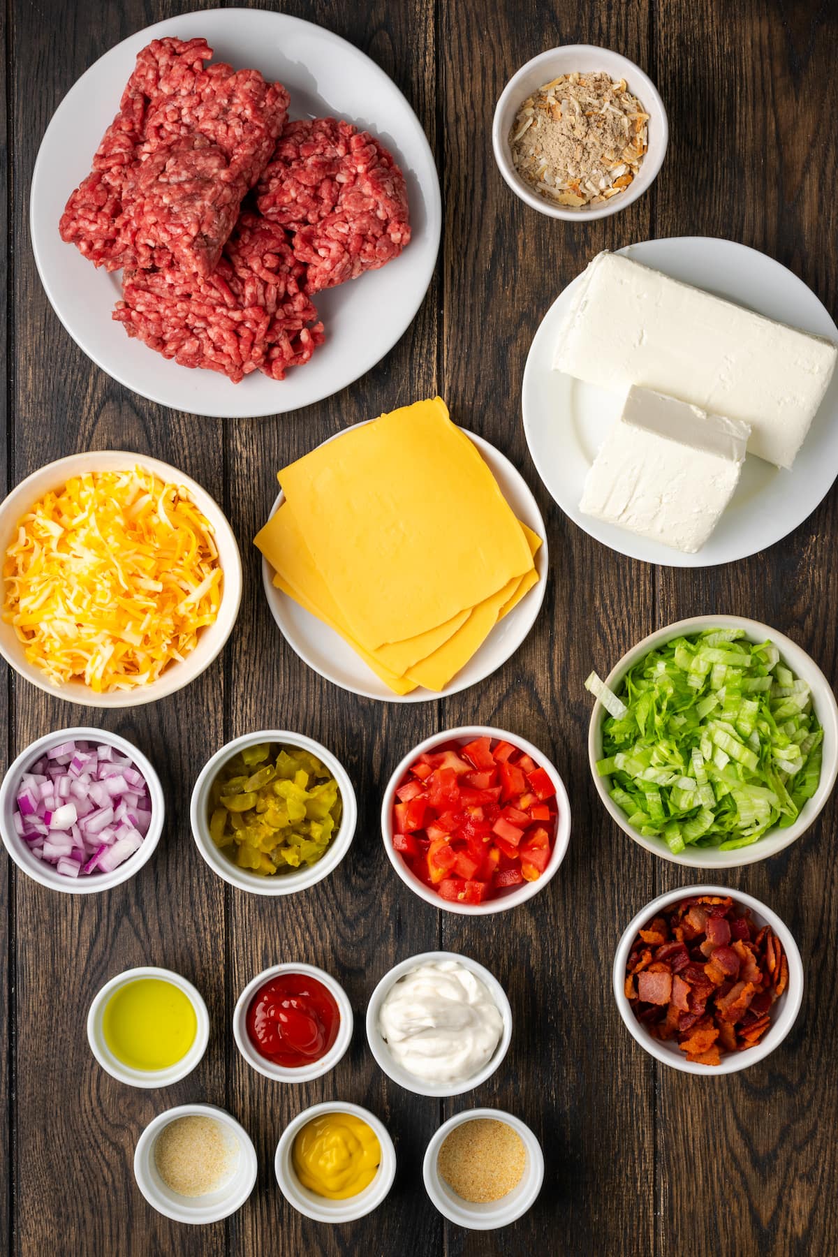 The ingredients for cheeseburger dip.