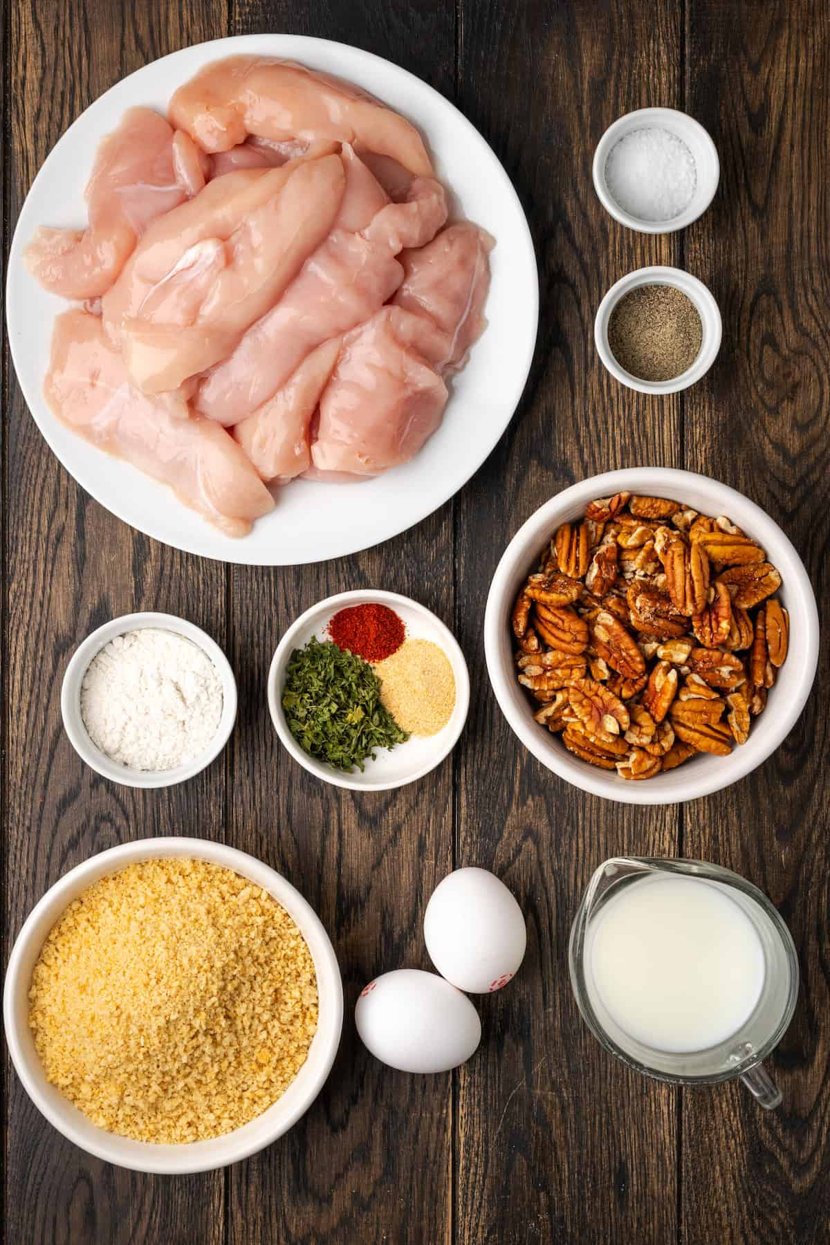 The ingredients for pecan crusted chicken tenders.