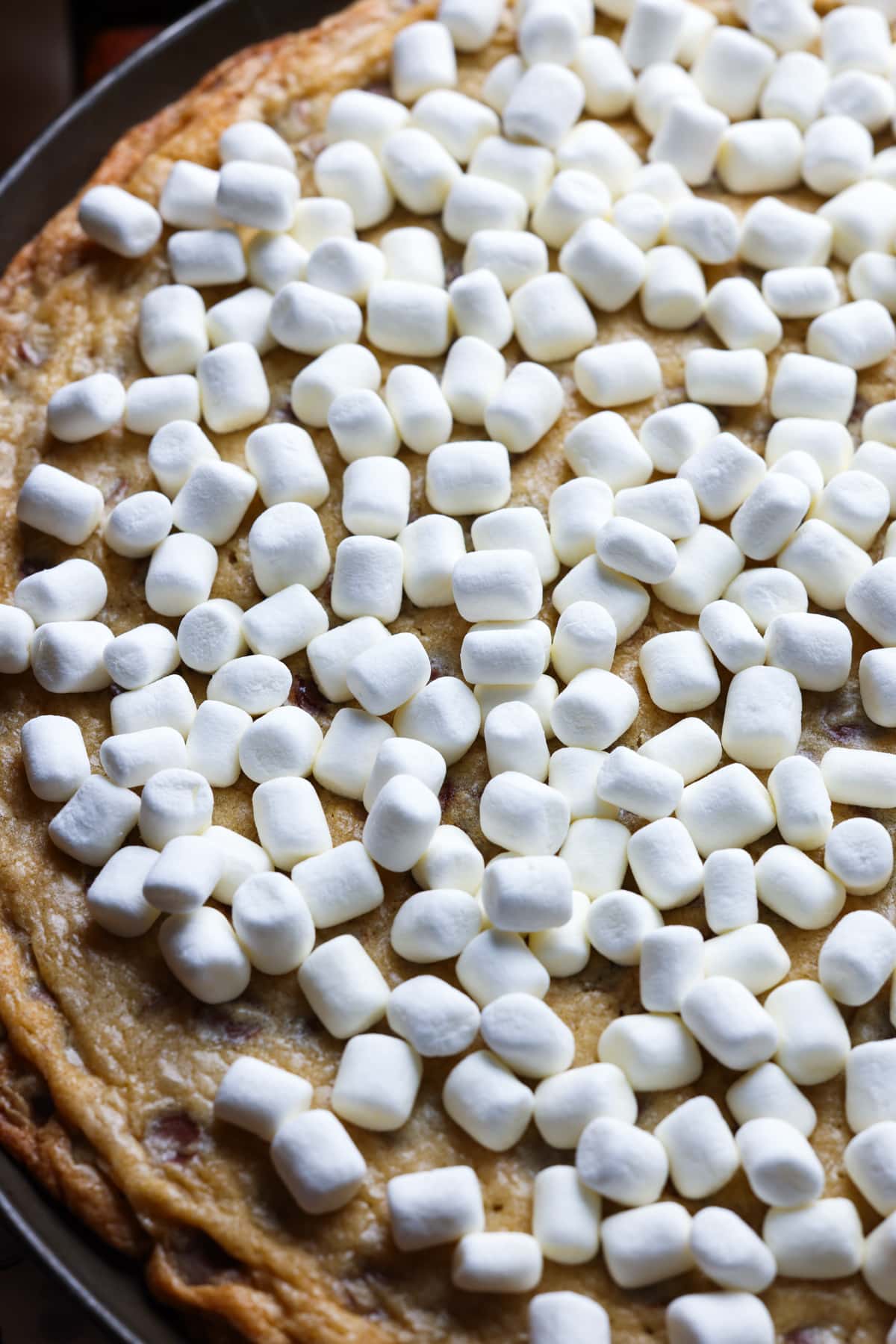 a large cookie cake topped with mini marshmallows sprinkled on top before going back in the oven to melt the marshmallows