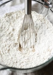 whisked cake flour in a glass bowl