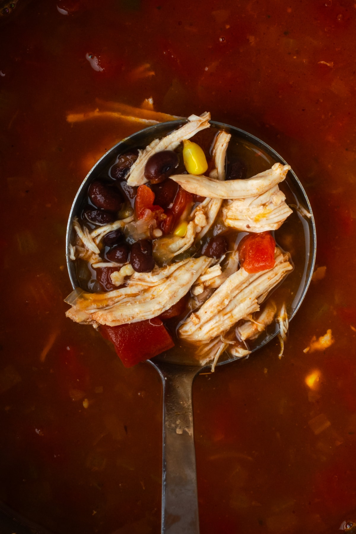 Close up overhead view of a ladle of chicken tortilla soup held over more soup.