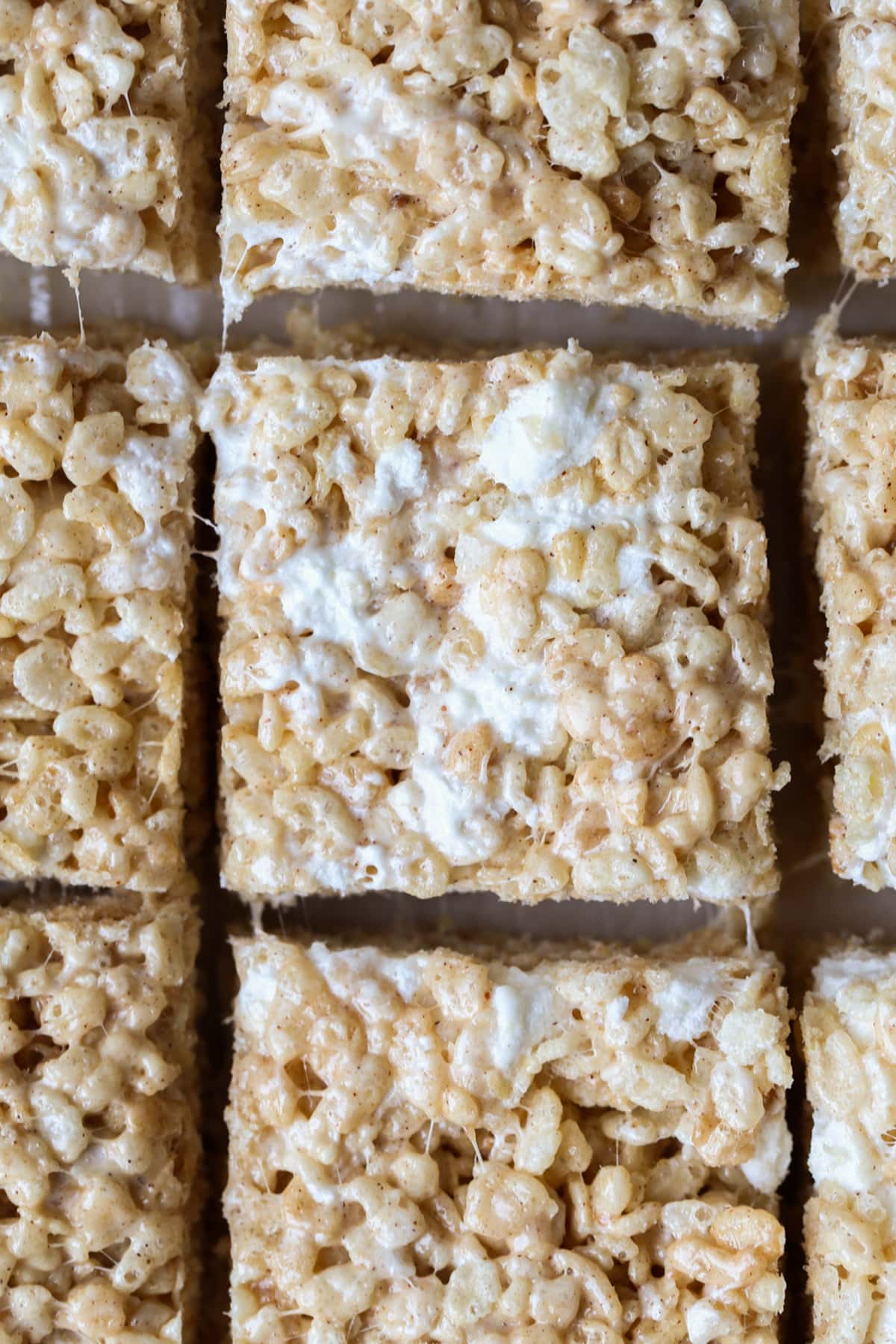 Brown Butter Pumpkin Spice No Bake Rice Krispie Treats on a cutting board from above