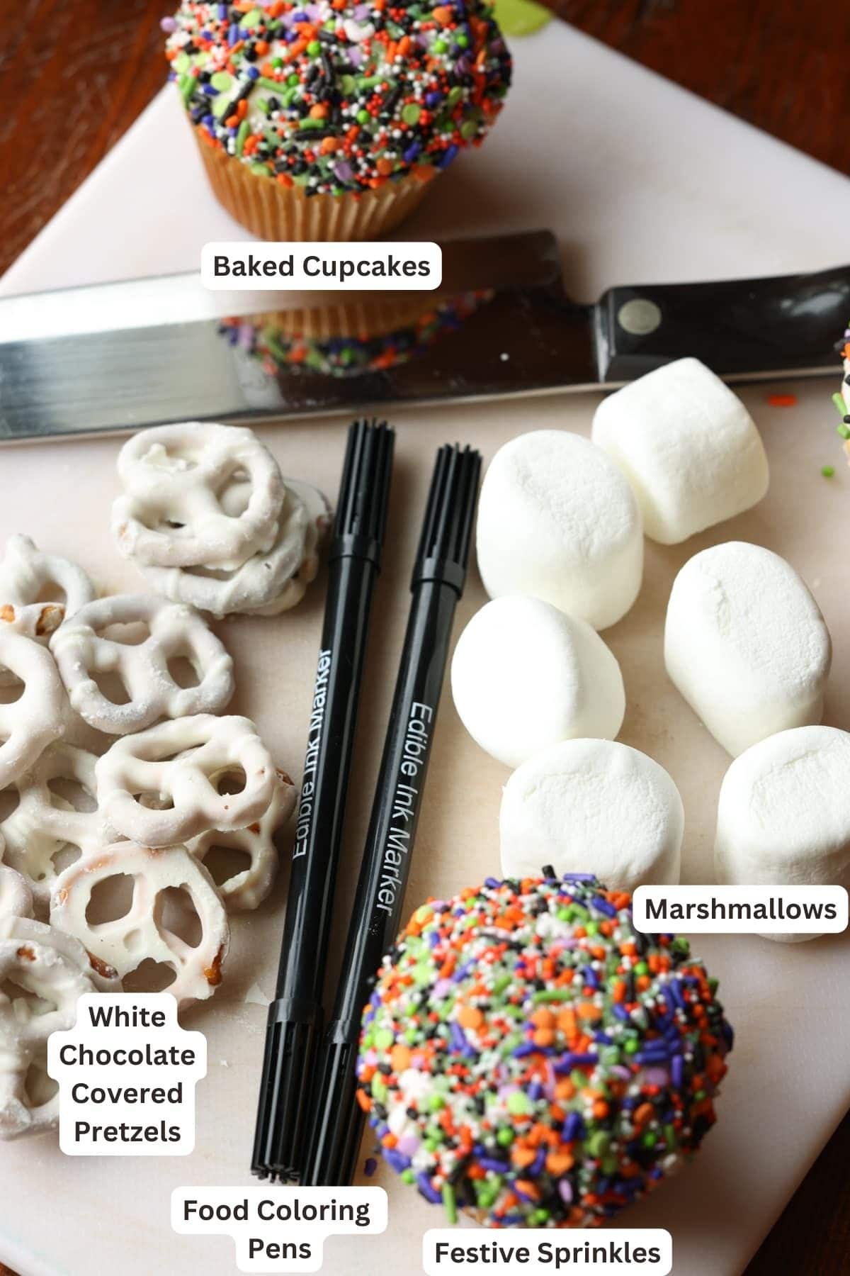 Ingredients for Skeleton Halloween Cupcakes.