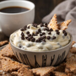 Cannoli dip served in a bowl with two cookies stuck into the dip, surrounded by more cookies on a plate with a cup of coffee in the background.