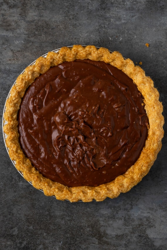 Chocolate pudding in a baked pie crust.