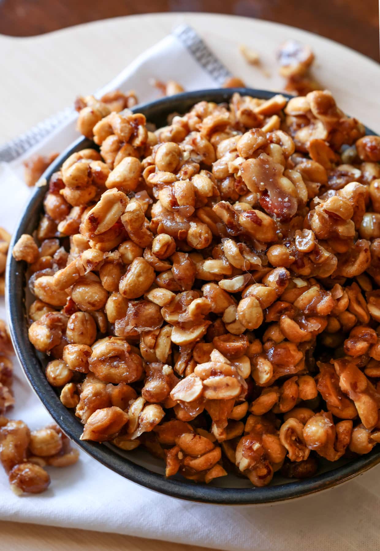 Butter Toffee Peanuts in a ceramic bowl from above