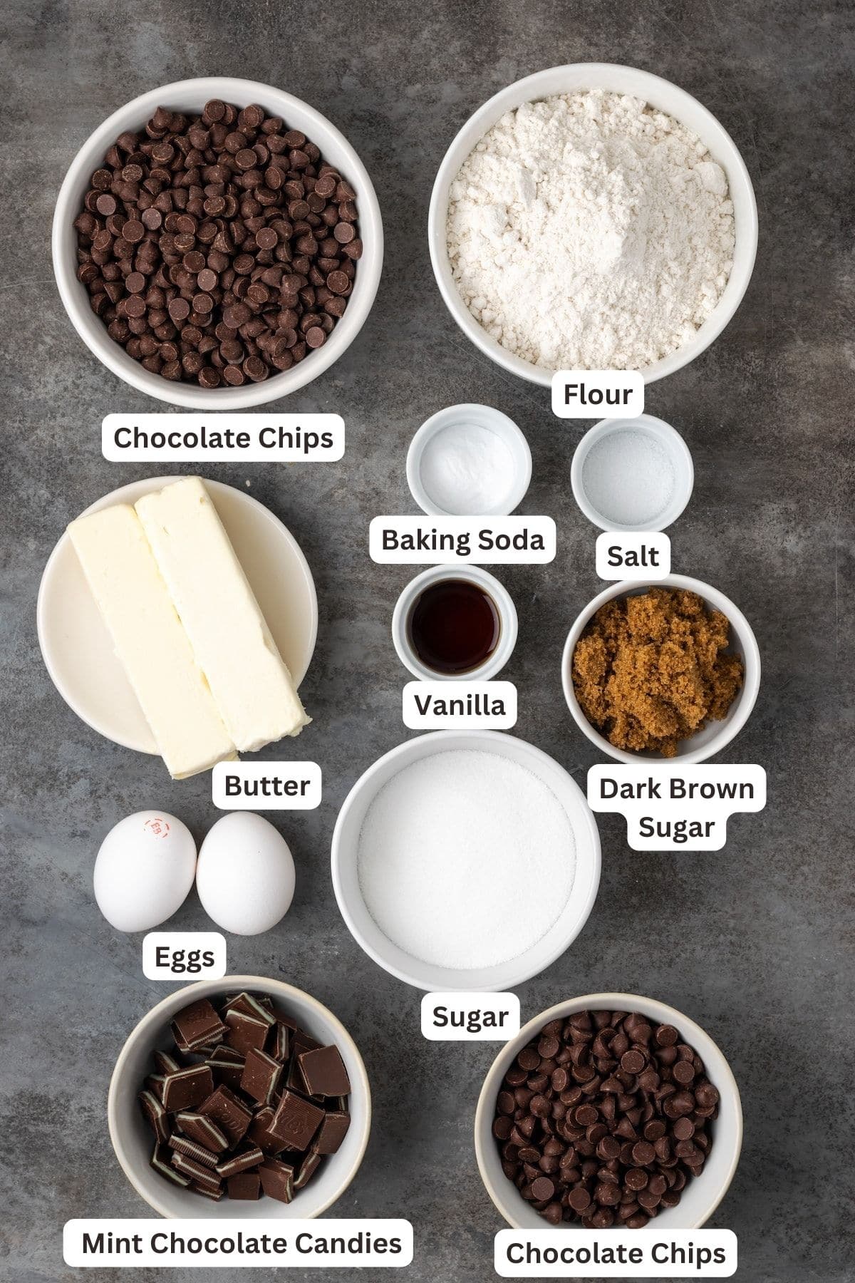 Ingredients for Double Chocolate Mint Cookies.