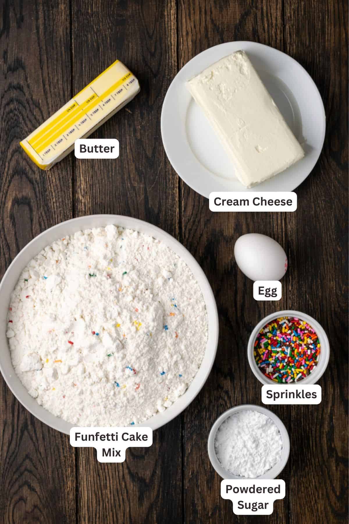 Gooey butter funfetti cookies made with cream cheese, butter, and Funfetti cake mix. These are the best cake mix cookies, and SO easy! Ingredients for Funfetti Cookies.