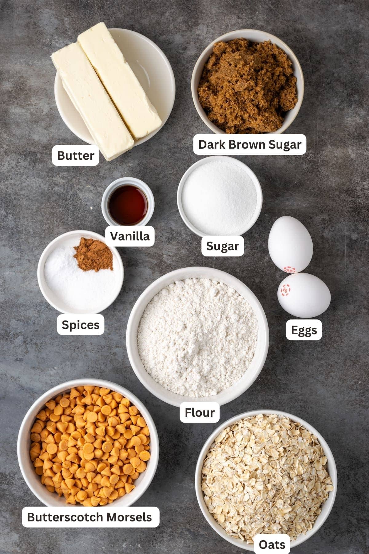 Ingredients for Oatmeal Butterscotch Cookies.