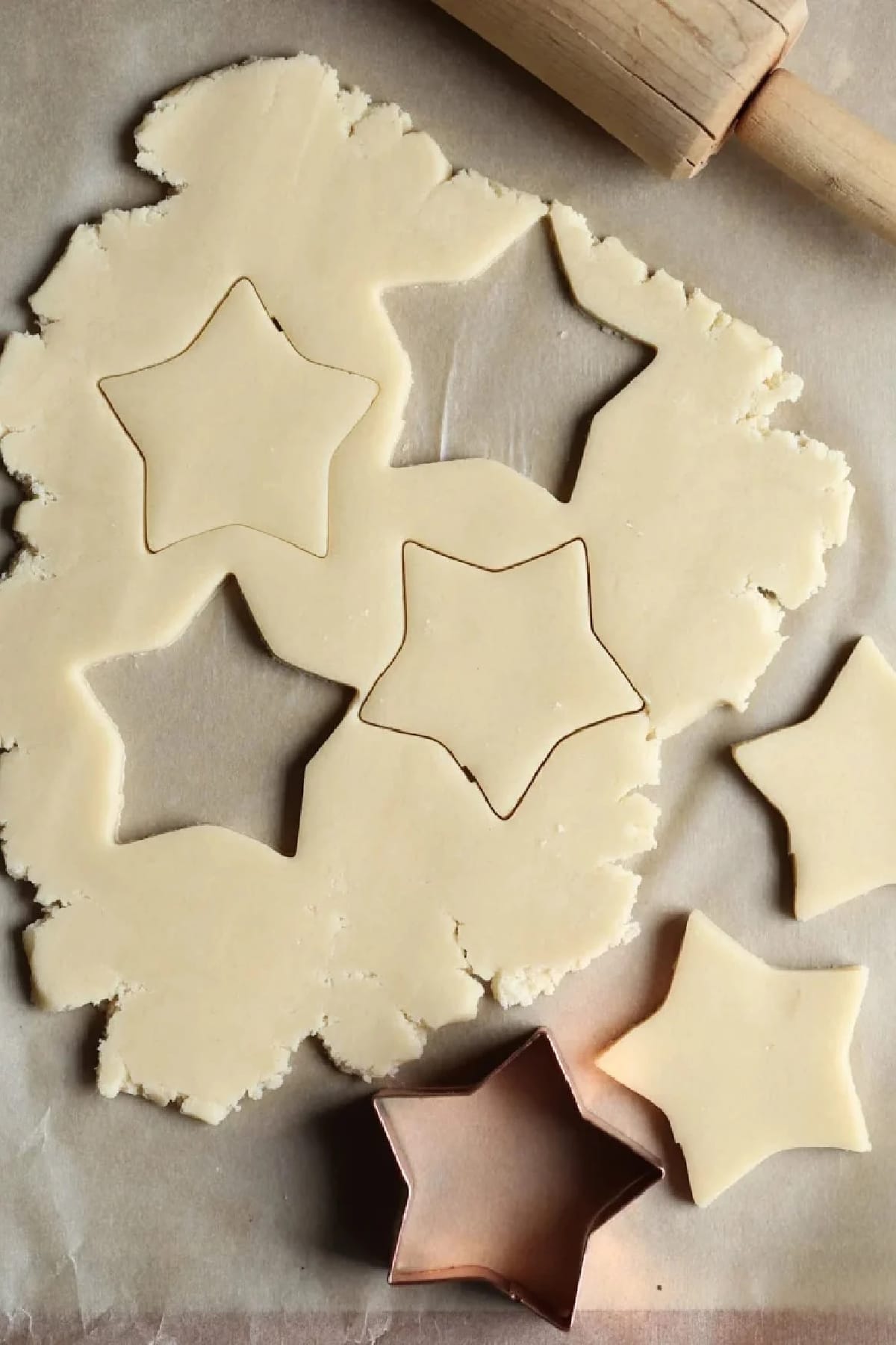 Sugar Cookie dough with star shapes cut out