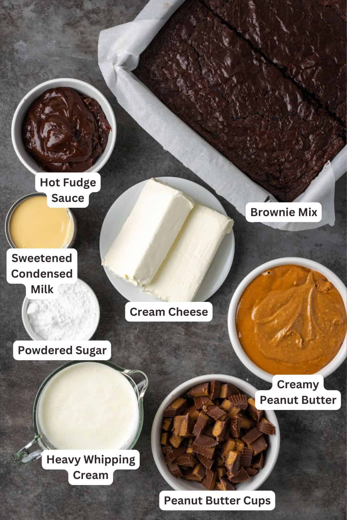 Ingredients for Peanut Butter Cup Brownie Cheesecake.