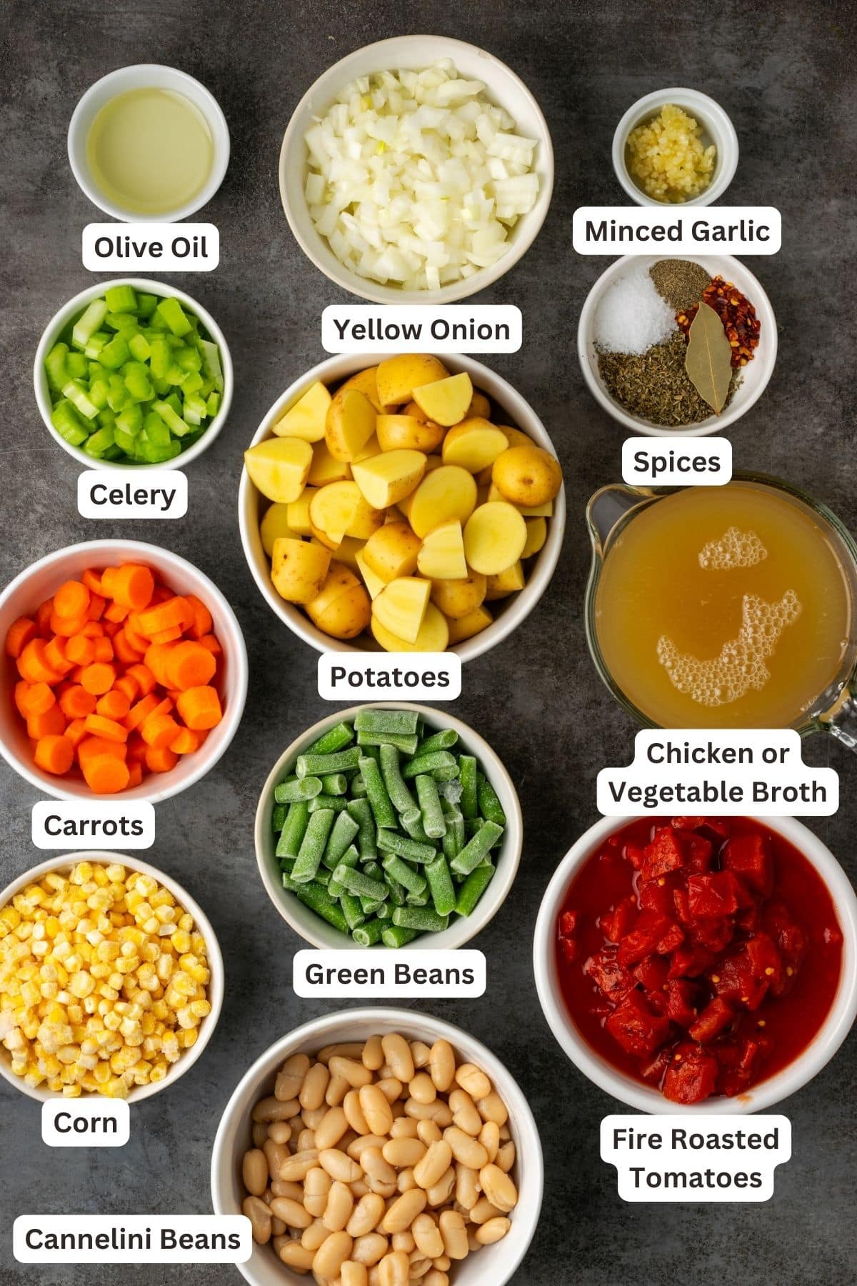 The ingredients for Instant Pot vegetable soup with text labels overlaying each ingredient.