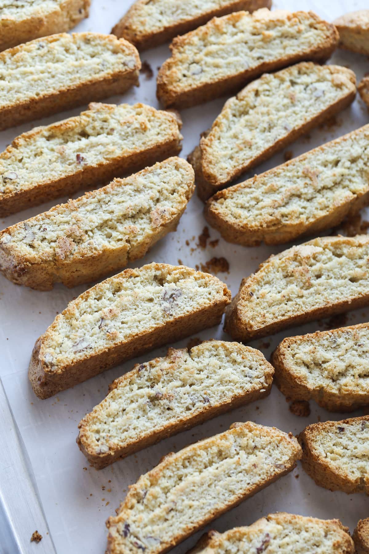 Two rows of sliced biscotti.