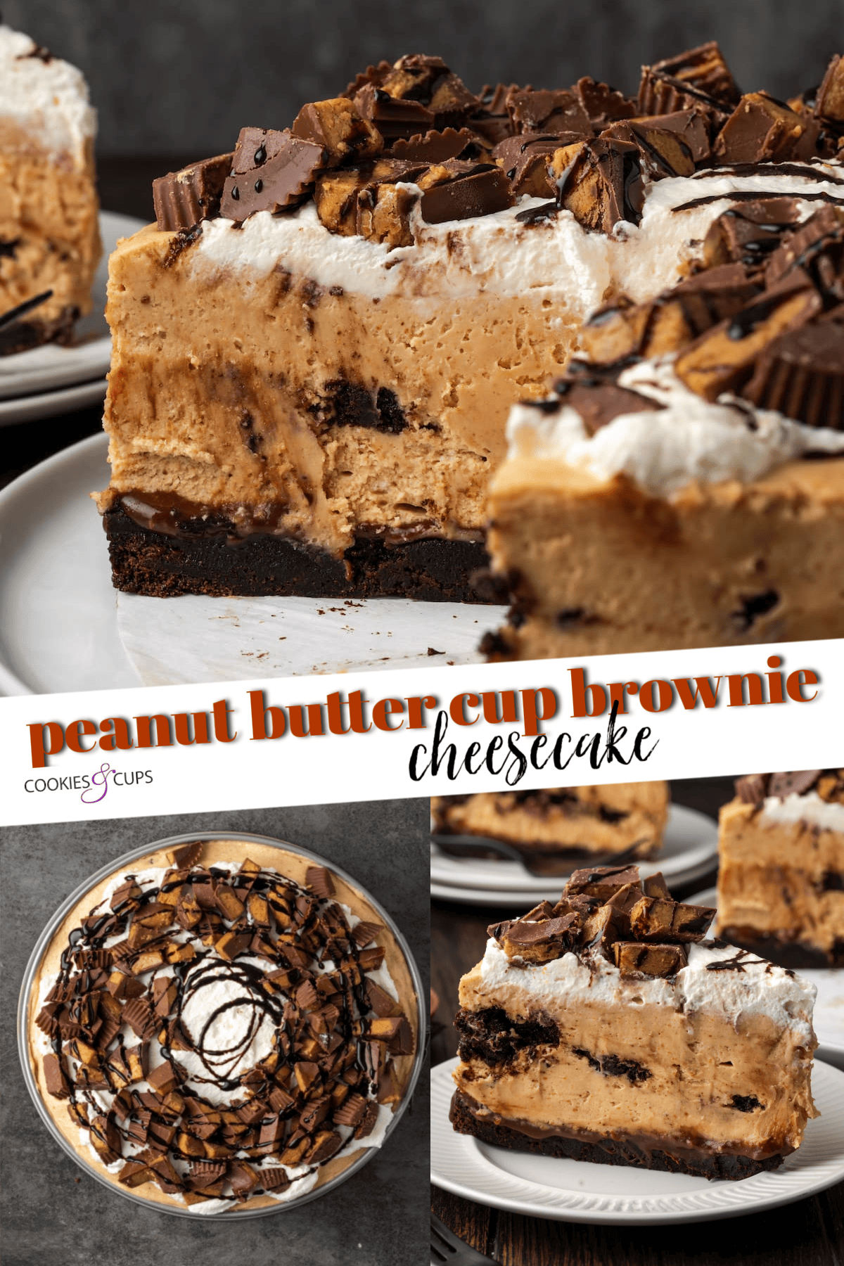 Peanut Butter Cup Brownie No Bake Cheesecake Pinterest Image