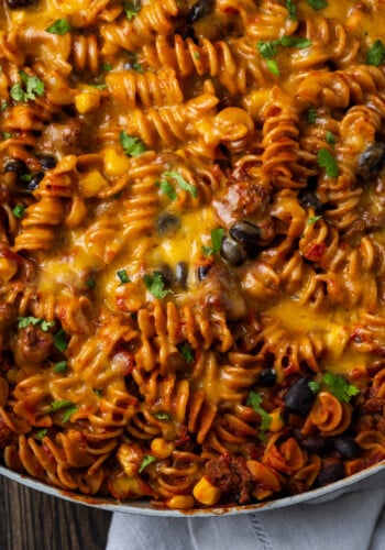 Close up overhead view of a large pan of taco pasta.