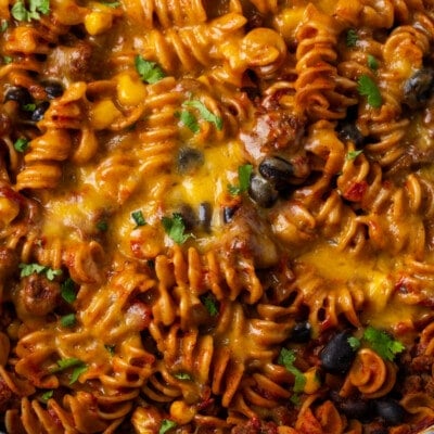 Close up overhead view of a large pan of taco pasta.