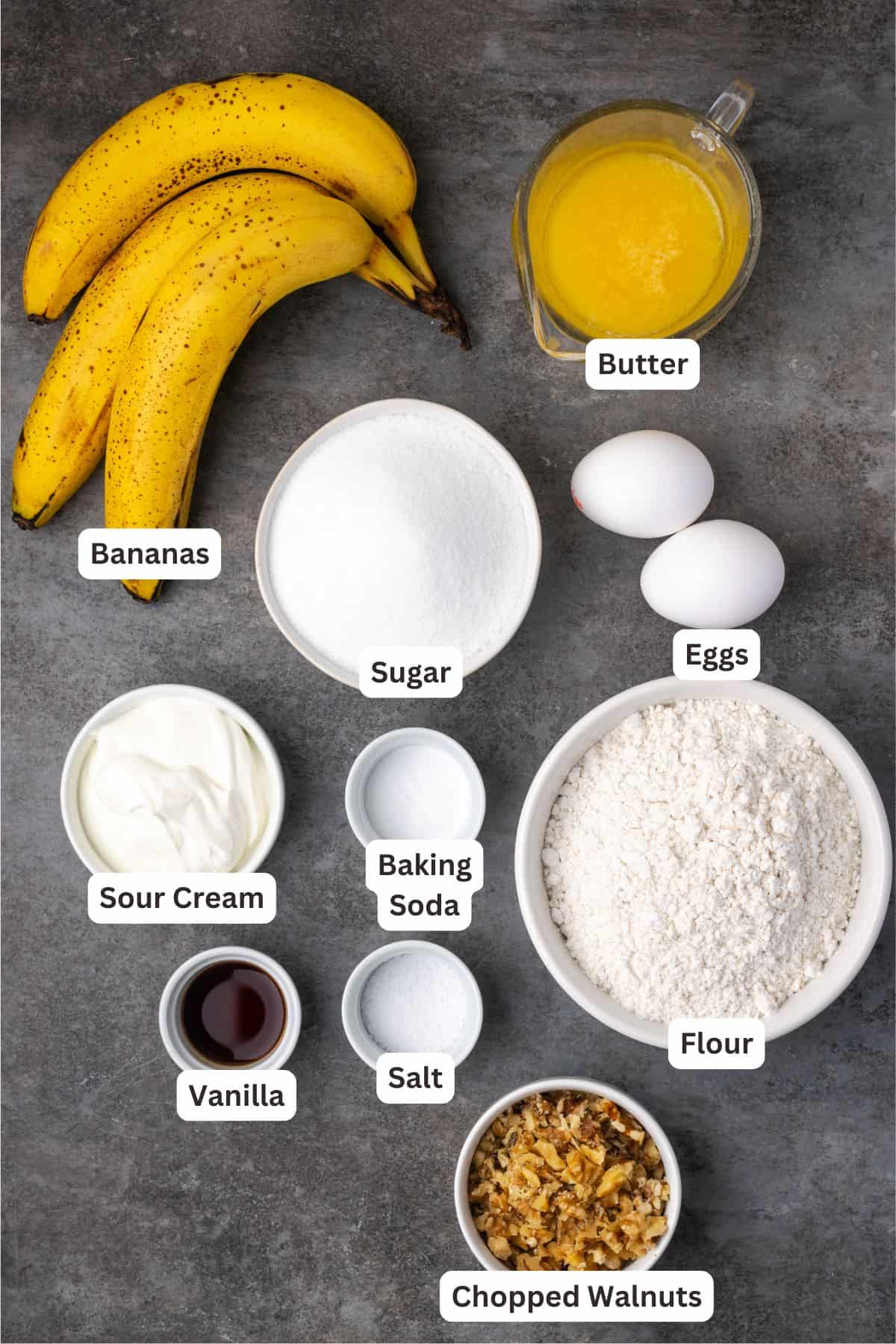 Banana bread ingredients with text labels overlaying each ingredient.